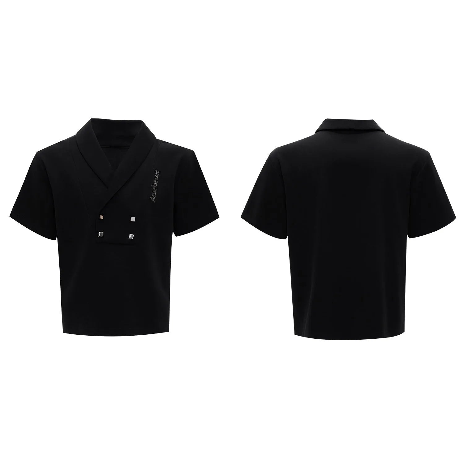Men's dark grey padded shoulder metal embellished V-neck sports suit with short sleeves and matching shorts.