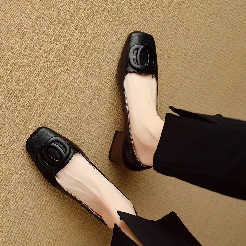 Women's chunky heel square toe pumps in light brown with buckle detail and rubber sole