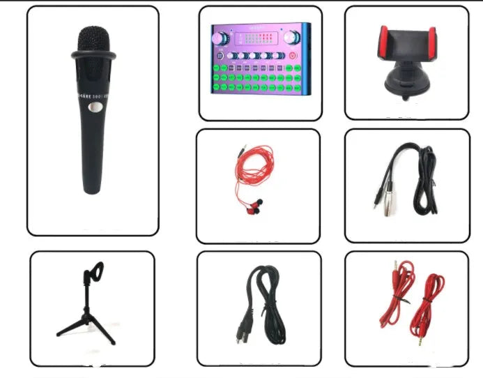 F007plus wireless live broadcast sound card with condenser microphone on its included bracket