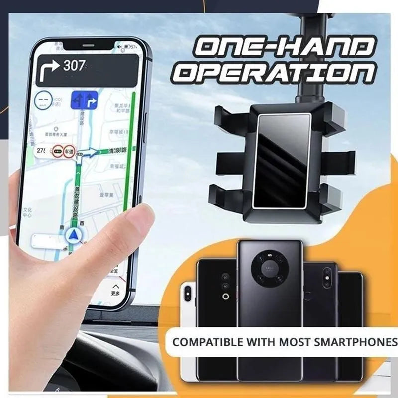 Black rearview mirror car phone holder extended, showing 360-degree rotation and four-claw phone grip.
