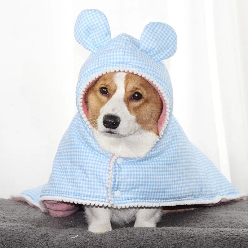 Cotton quilted plaid pet cloak in blue grid pattern for small to large dogs