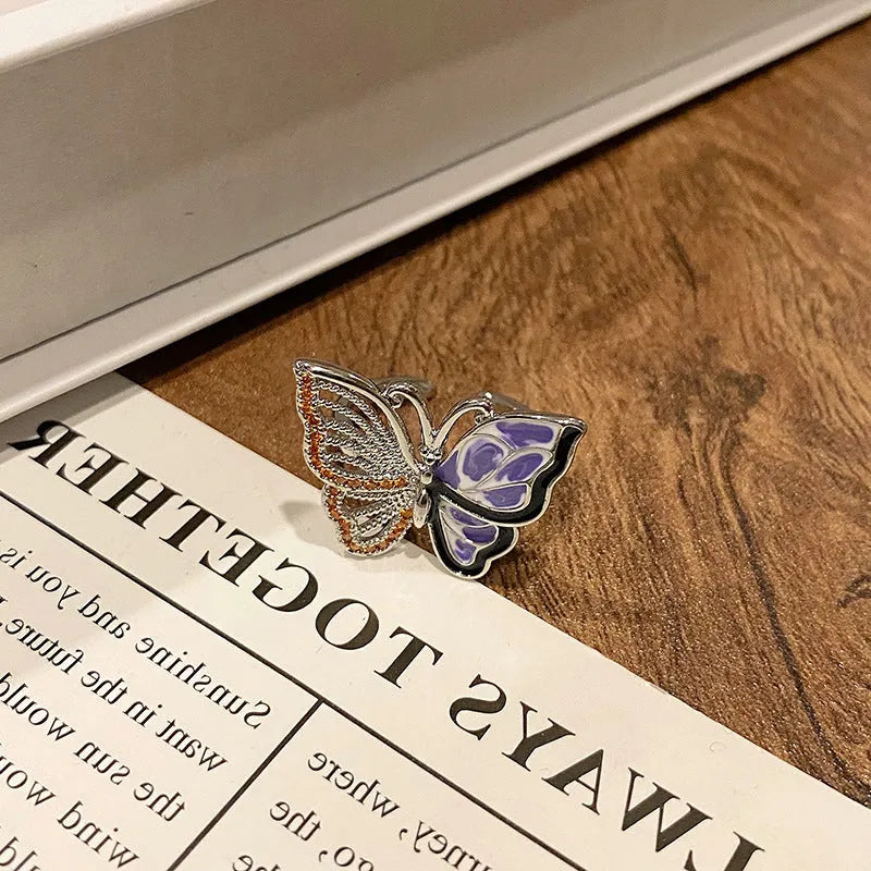 Copper women's ring with Chinese butterfly design and oil-drip finish in simple jewellery style