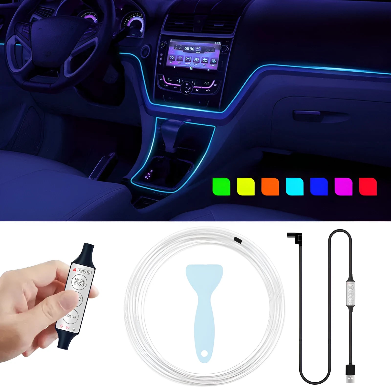 RGB car interior LED light strip with USB power cable and manual controller for colour selection