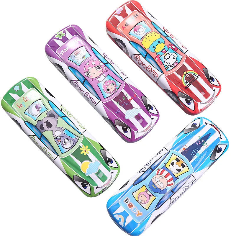 Red and blue cartoon race car design metal pencil case with double-layer trolley shape, shown with pens inside.