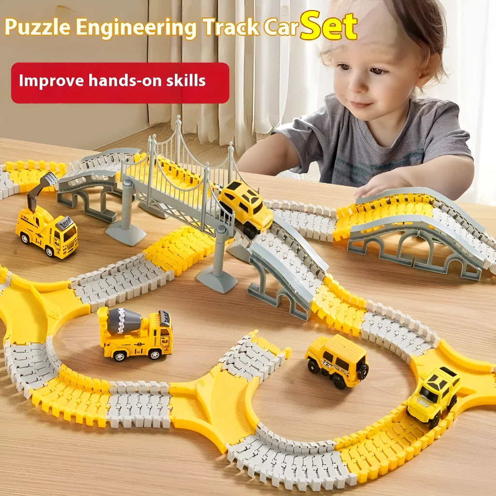 Rail car toy set with plastic track pieces and two electric vehicles in assorted colours