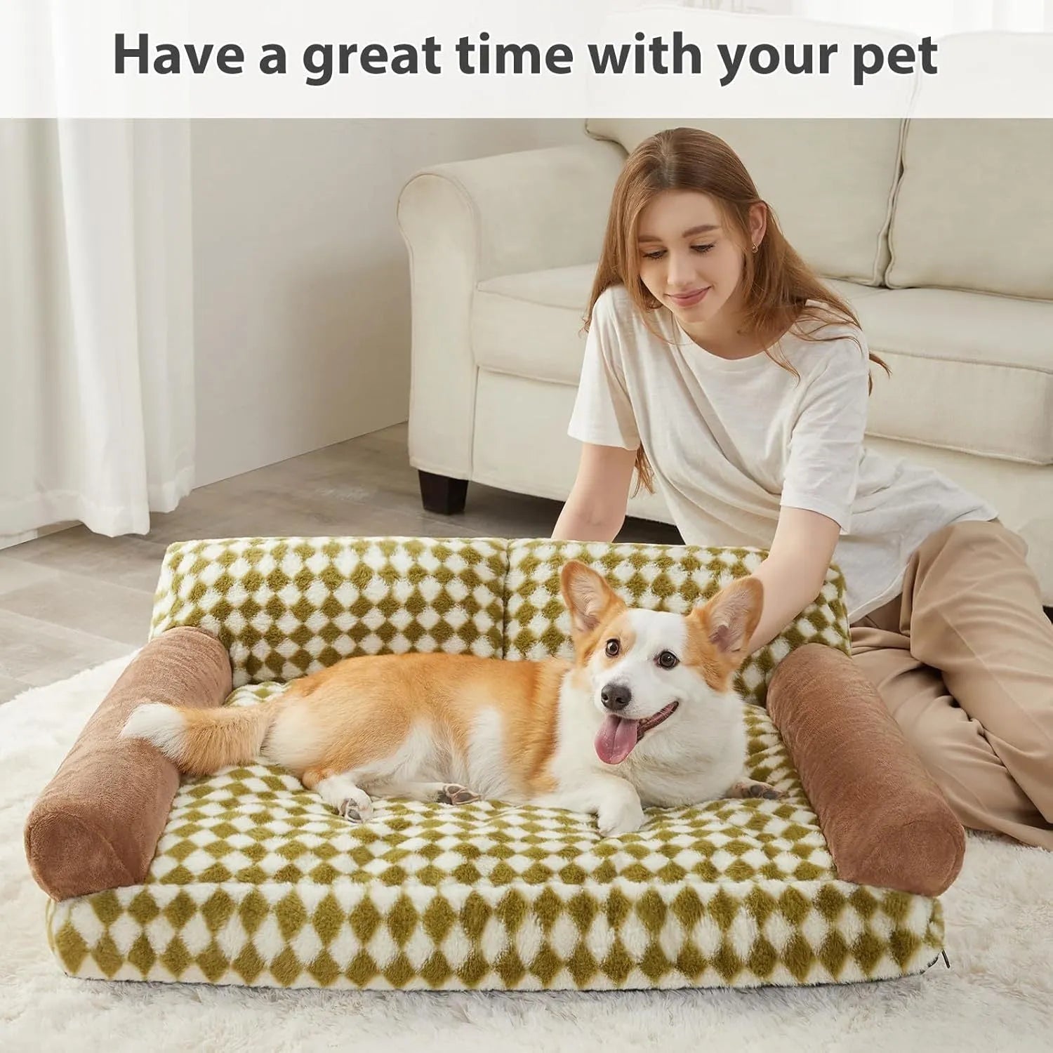 Checkered pet couch bed for small dogs and cats on a wooden floor, showing its raised design and removable cover.