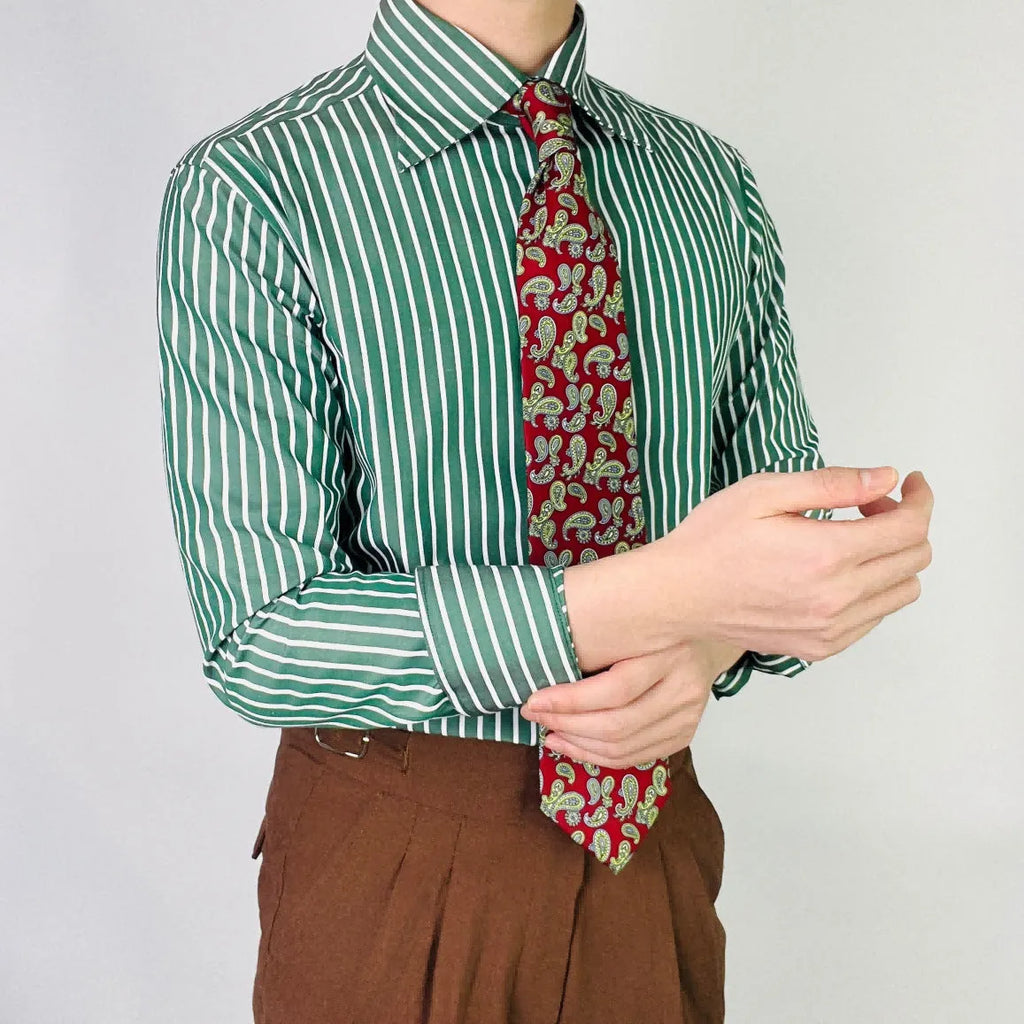 Men's green striped long sleeve shirt, cotton blend, regular fit, non-ironing, cardigan style