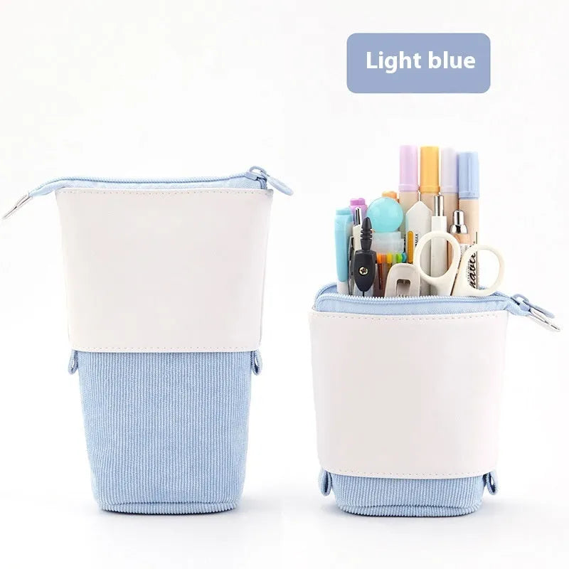 Korean-style telescopic stationery case in soft corduroy, shown in multiple colour options.