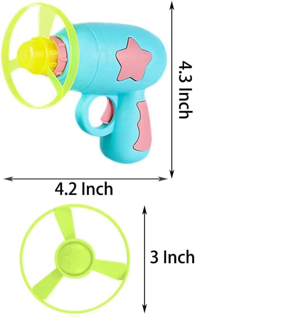 Blue plastic cat toy gun with spinning frisbee launcher for indoor play