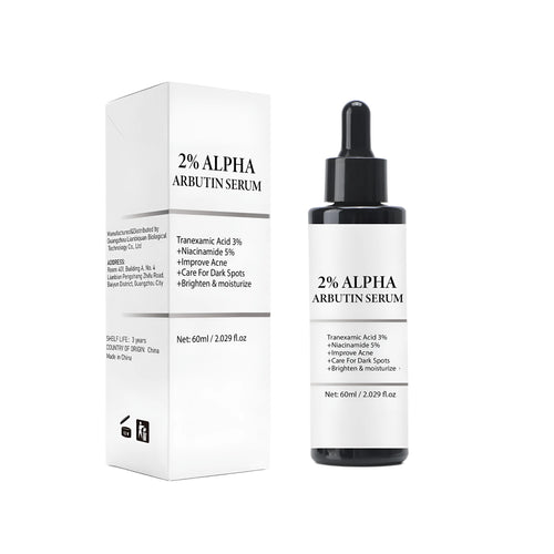 60ml alpha-arbutin facial moisturising serum in a cylindrical plastic bottle.