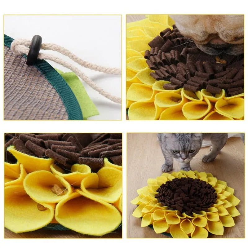 Yellow sunflower-shaped dog snuffle mat for slow feeding and nosework training