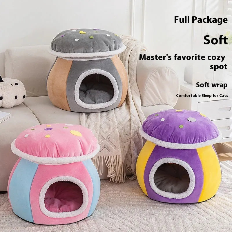 Grey mushroom-shaped plush cat nest bed with a detachable inner blanket, shown with a cat inside.