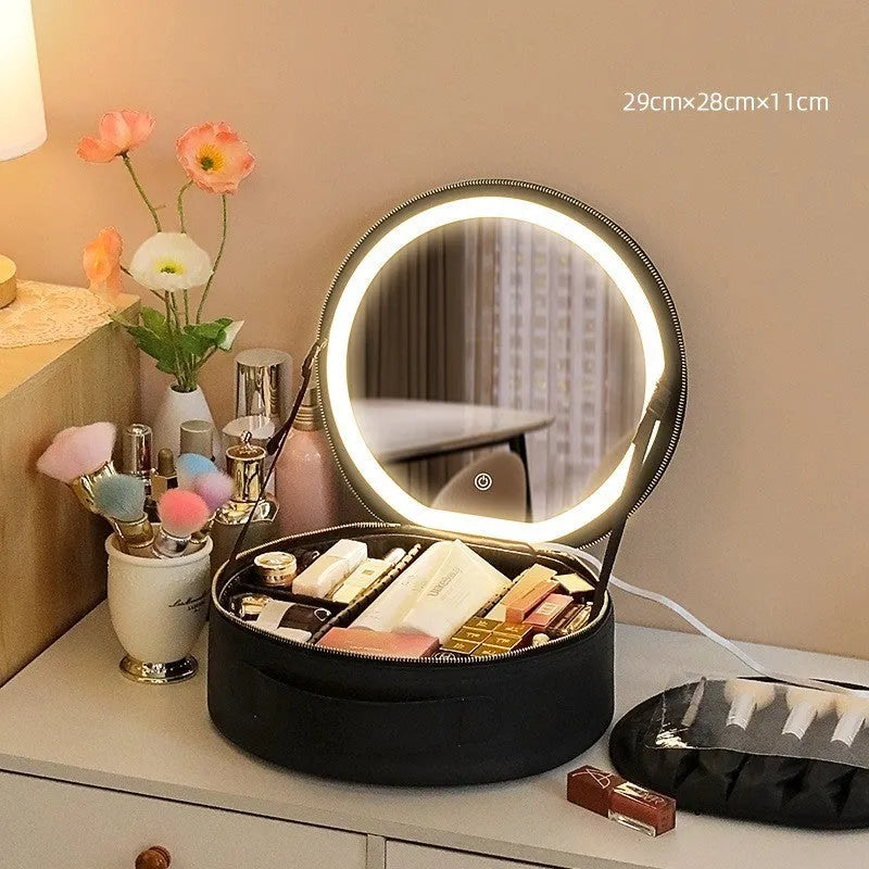Round Cherry Blossom Pink LED makeup bag with mirror open, showing internal compartments and adjustable lights.