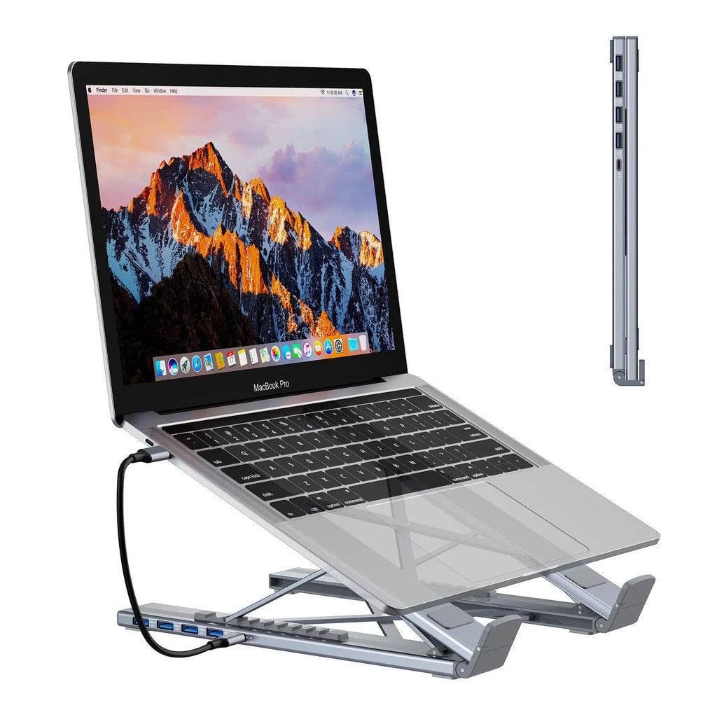 Folding aluminum alloy laptop stand with integrated 8-in-1 docking hub and HDMI ports.