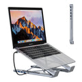 Folding aluminum alloy laptop stand with integrated 8-in-1 docking hub and HDMI ports.