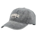Distressed beige baseball cap with embroidered letters on the front, showing adjustable strap and curved 7cm peak.
