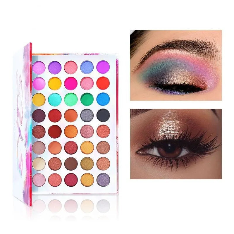 Shimmer matte multi-color combination eye shadow palette with twelve shades including purple, blue, black, sky blue, caramel, and red