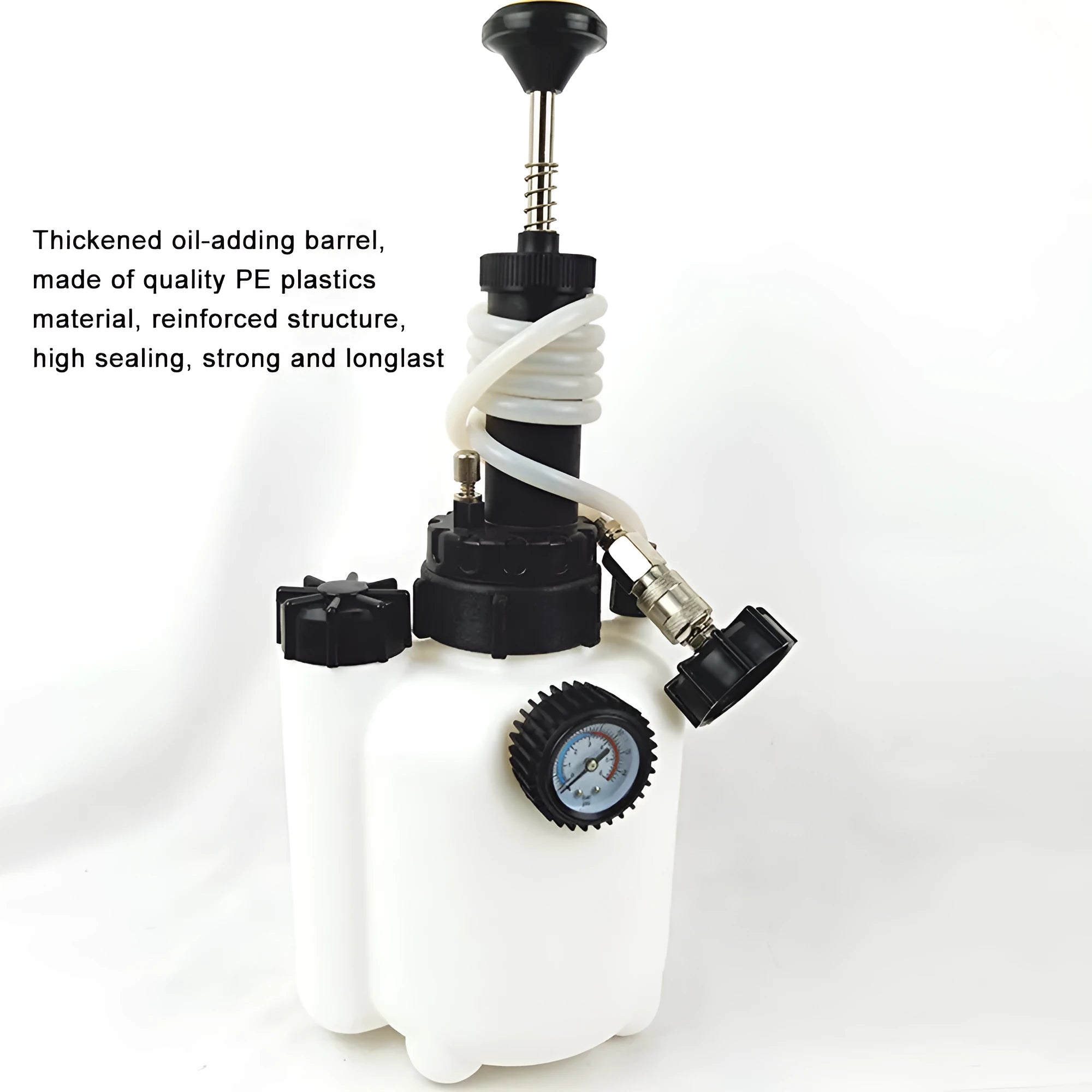 White 3-litre brake fluid reservoir tool with hose, dimensions 41cm long, for vehicle maintenance
