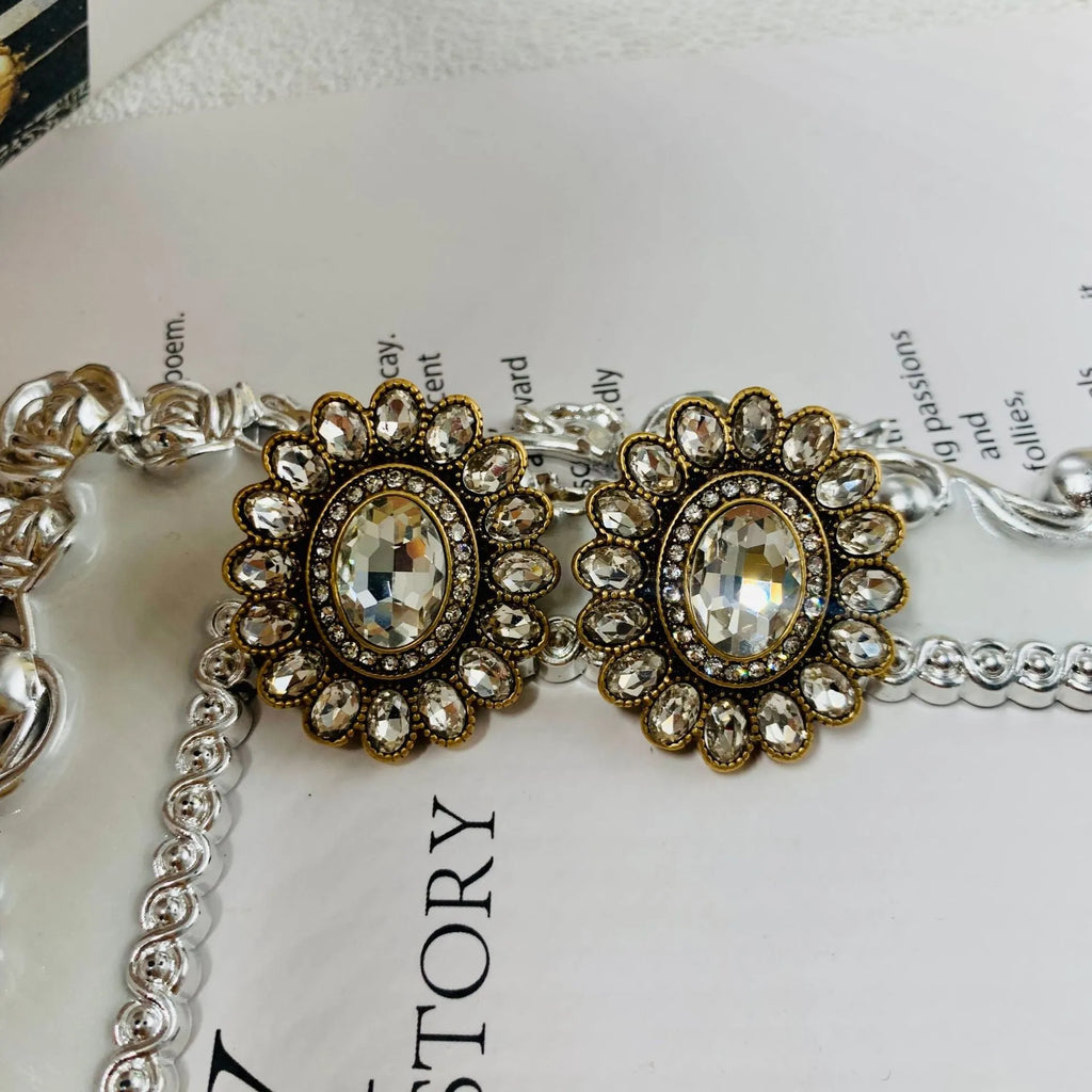 Western retro full inlaid earrings electroplated mixed material drop and geometric design for women