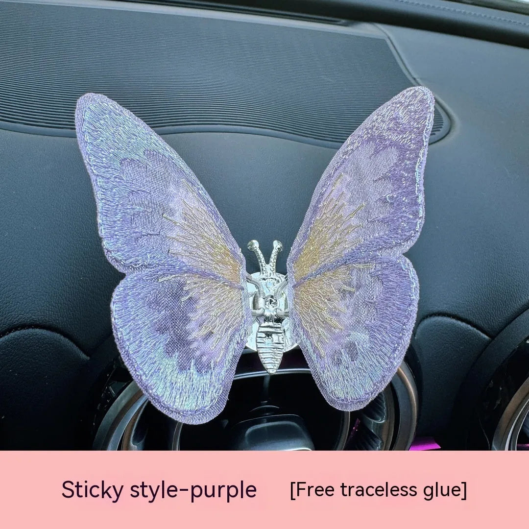 Moving embroidery butterfly fabric car centre console air vent decoration in multiple colour options