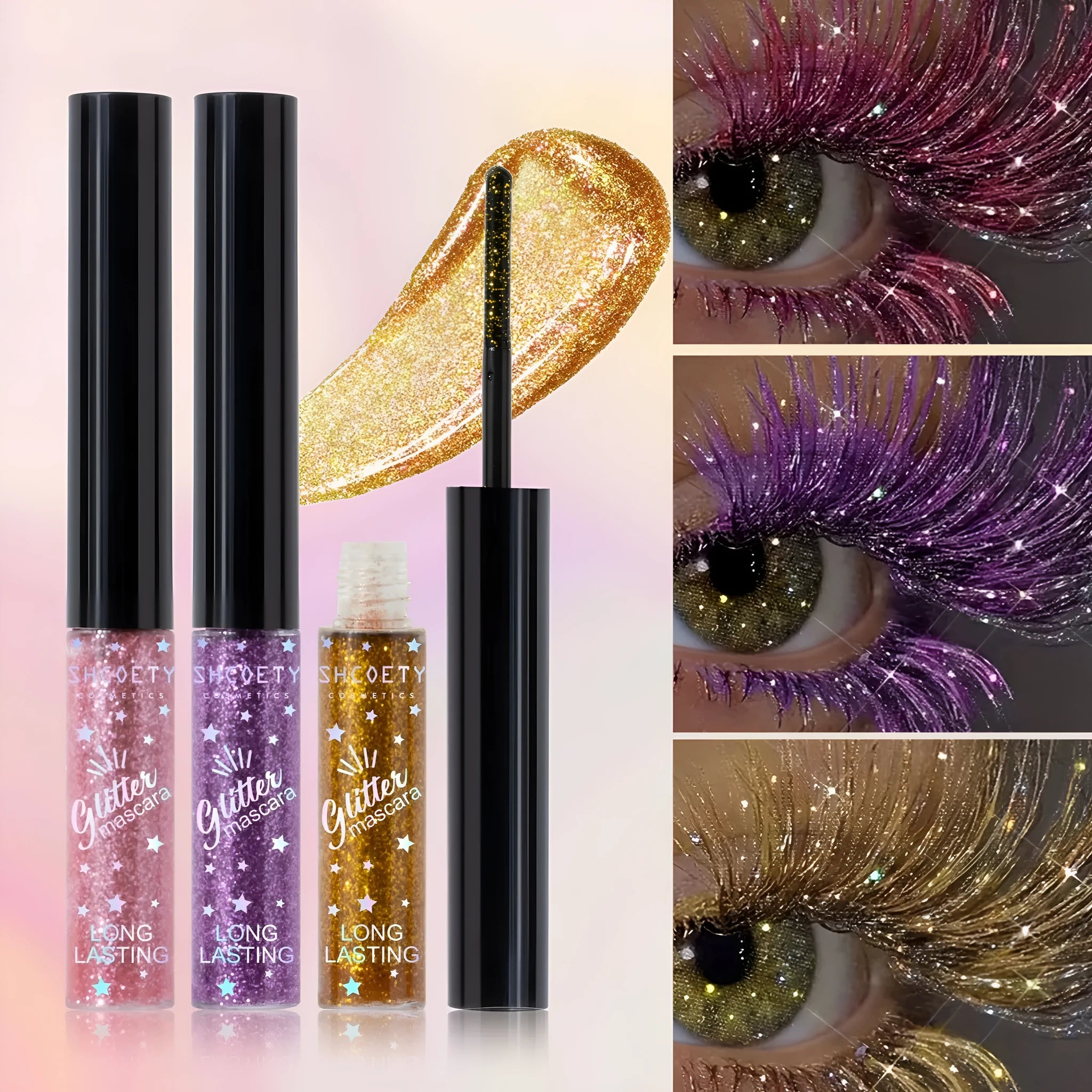 Waterproof colour mascara in five shades including pink, gold, purple, blue, and iron grey with non-smudge formula