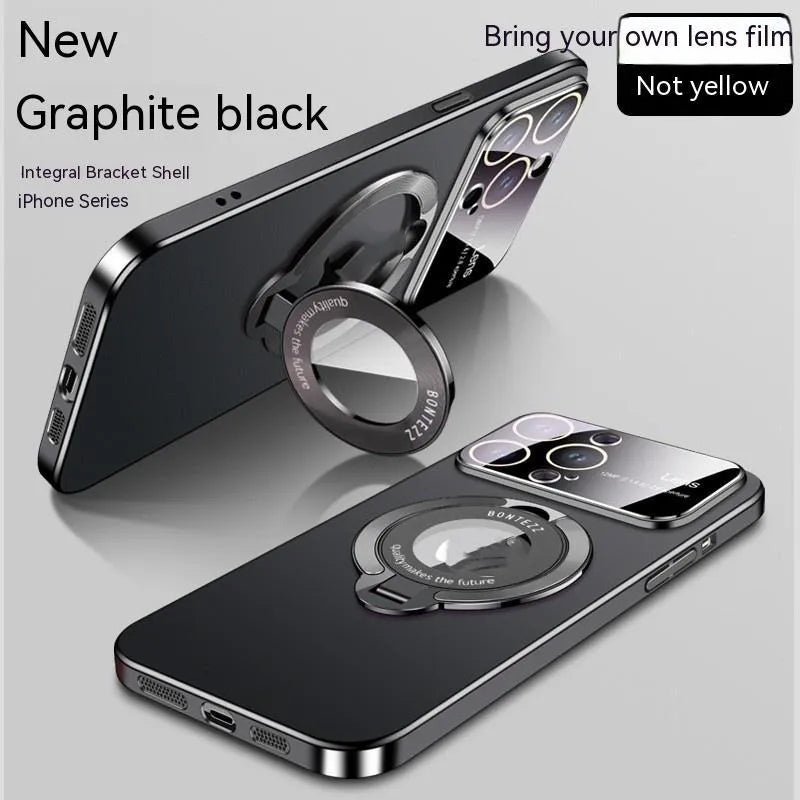Magnetic iPhone case with large transparent window and invisible bracket in dark purple colour