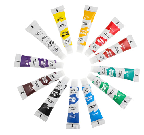 Set of twelve artist pigment tubes in a strip with a white paper mixing palette.