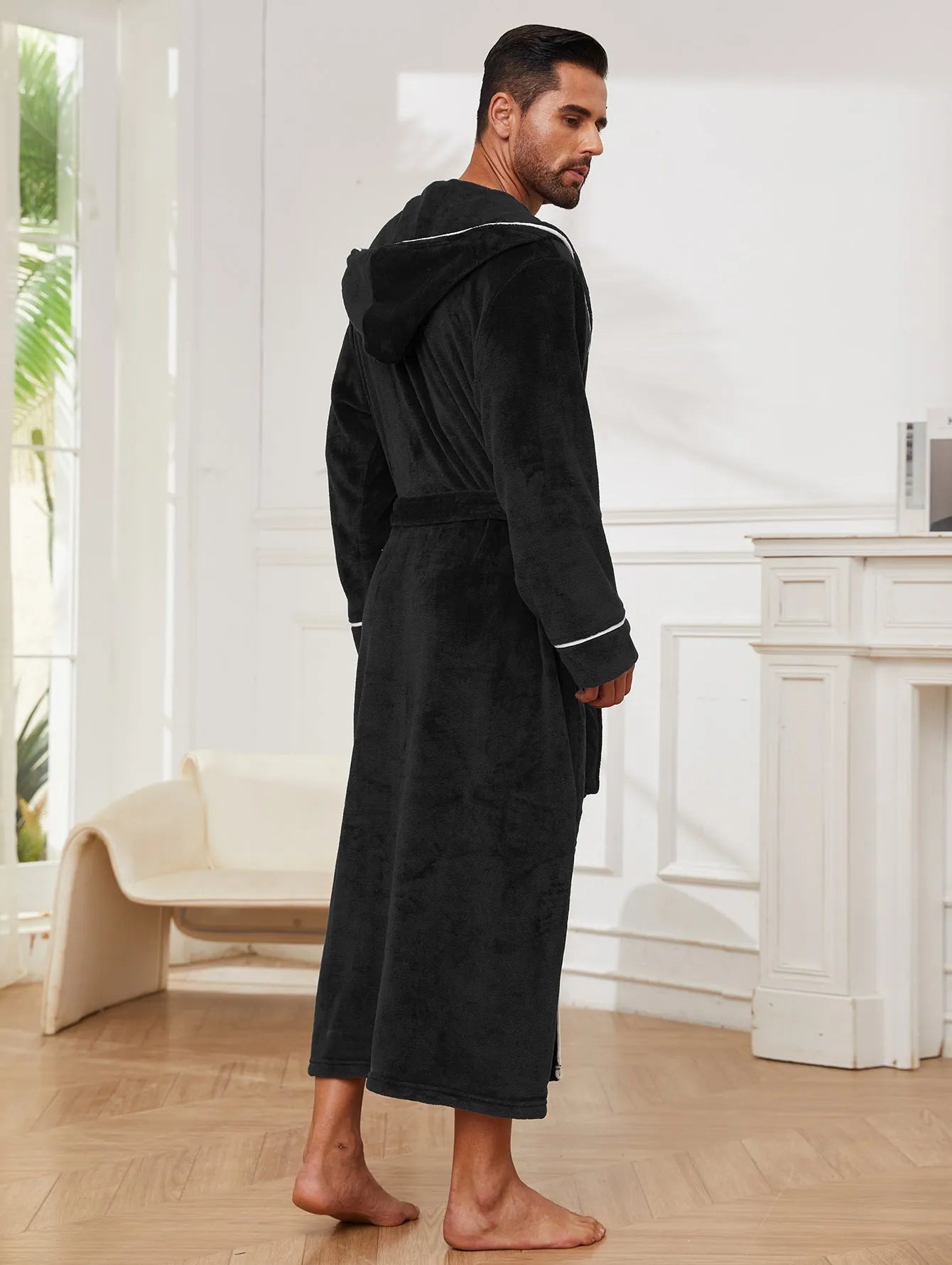 Men's grey polyester flannel bathrobe in European style, shown on a hanger.