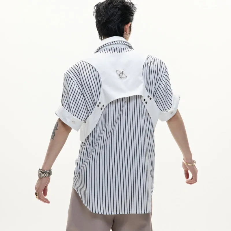 Men's double collar striped cotton shirt in loose fit with short sleeves