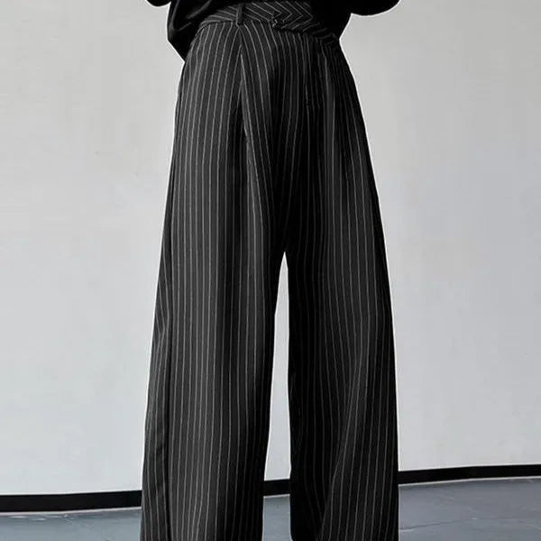 Black men's casual trousers with vertical striped pleats and an elasticated waistband