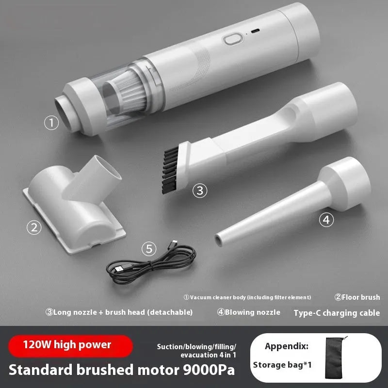 Rechargeable handheld car vacuum with air blow nozzle and optional buggy bag in white