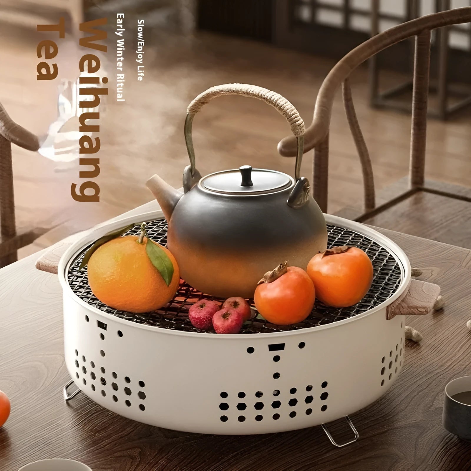 Portable charcoal stove set for indoor tea cooking, sized for 3–5 people