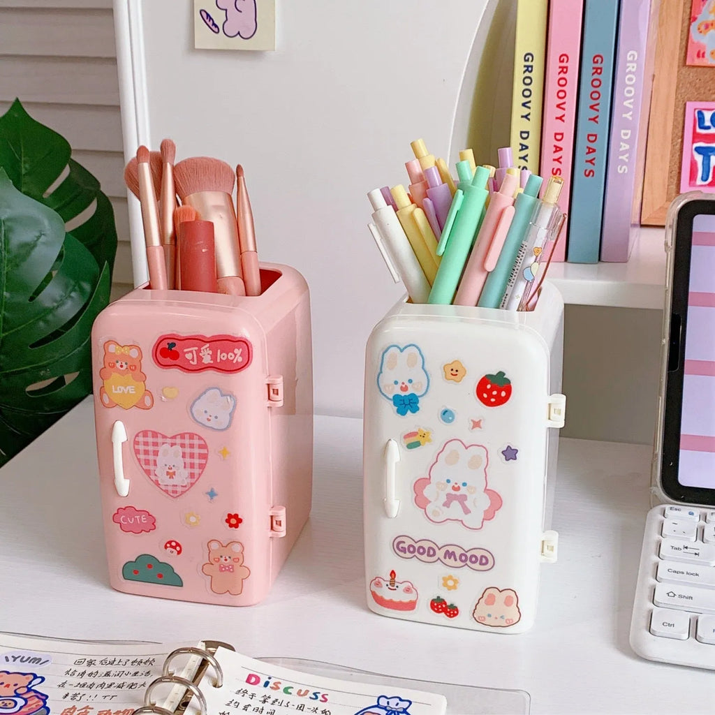 Refrigerator pencil case in PP plastic, 10.7 x 9.8 x 7.5 cm, white light blue or pink pen holder