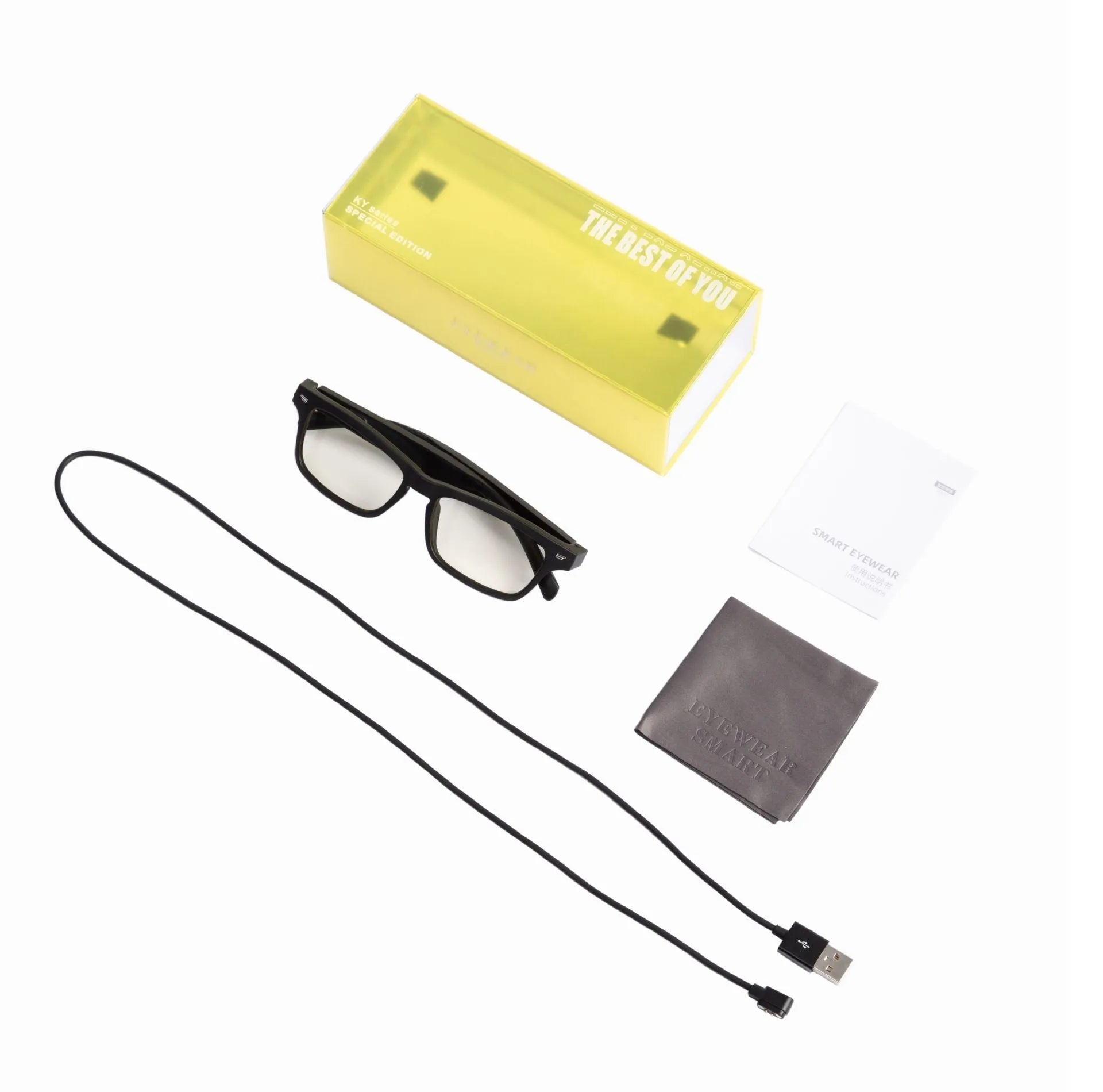 Smart glasses with a black PC+ABS frame featuring Bluetooth speakers and UV400 protective lenses.