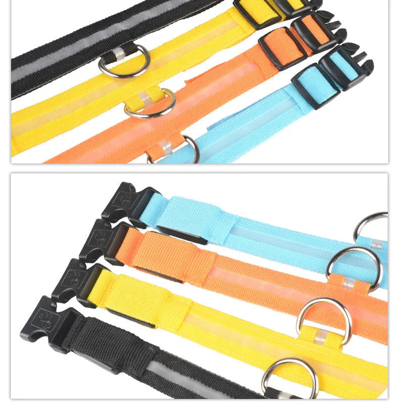 Nylon LED pet collar with adjustable buckle in blue, glowing with fibre optic lights in flash mode on a dark surface