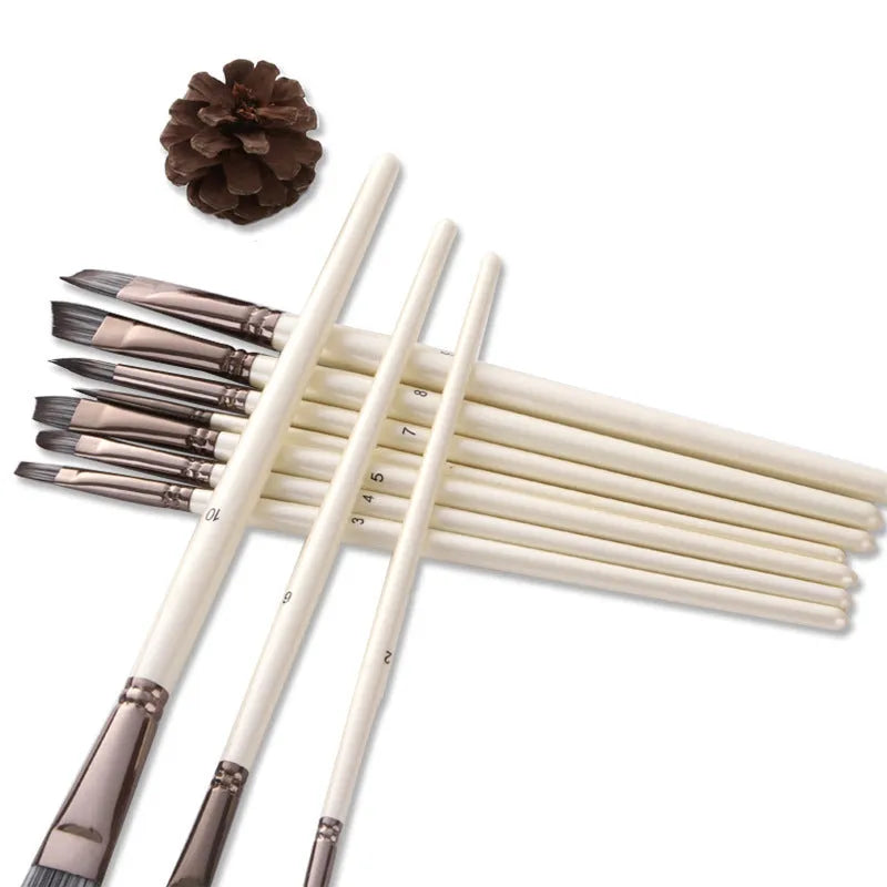 Set of 10 pearl white nylon watercolour brushes with wood handles for oil painting in PVC storage bag