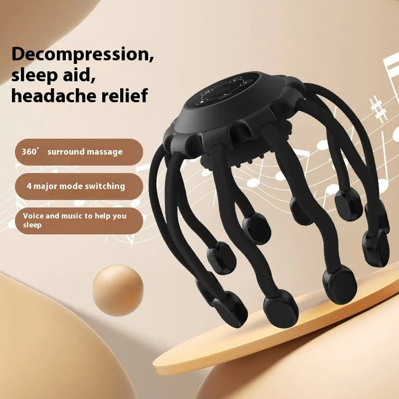 Black electric head massager with multiple silicone claws vibrating on scalp