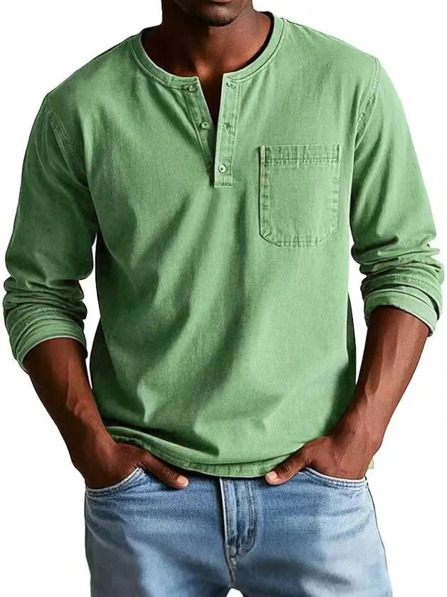 V-neck long-sleeved T-shirt with button design in solid colour, men's casual polyester pullover