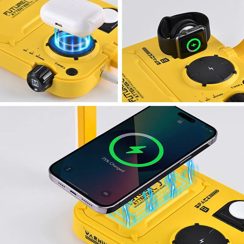 Multi-function wireless charger with night lamp, geometric stereo shape, charges phone headset and watch, 30W socket power