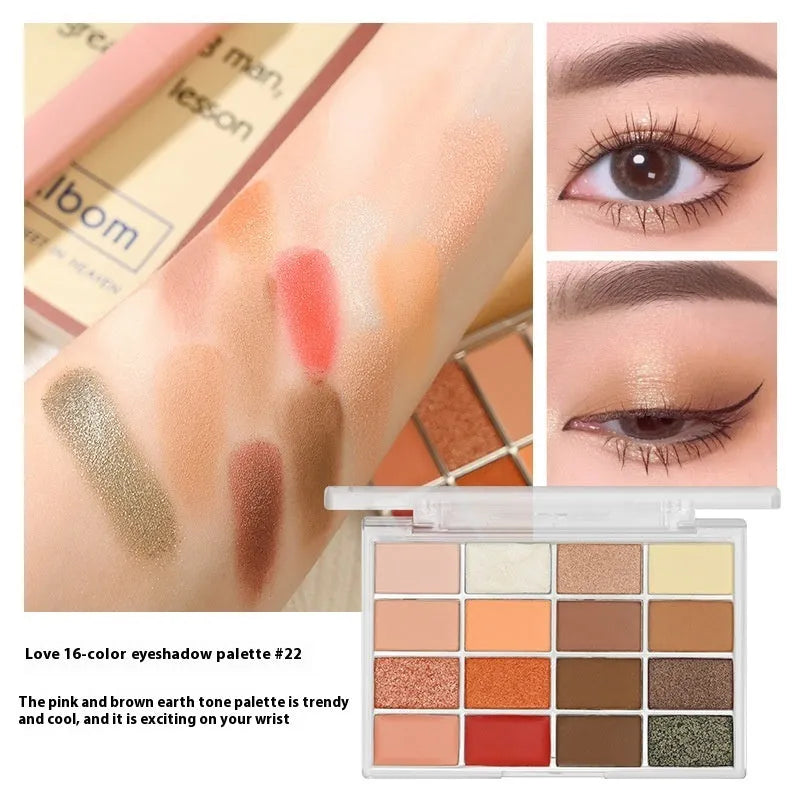 16 colour eye shadow palette with crouching silkworm design showing pink and brown shimmer matte shades
