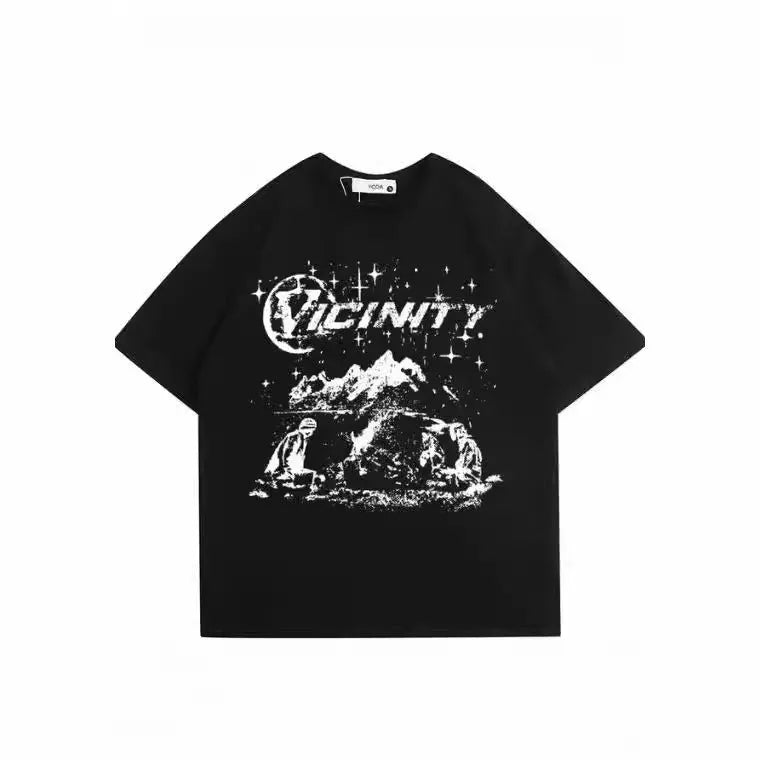 Men's hip hop print retro T-shirt on hanger, showing graphic design and polyester fabric.