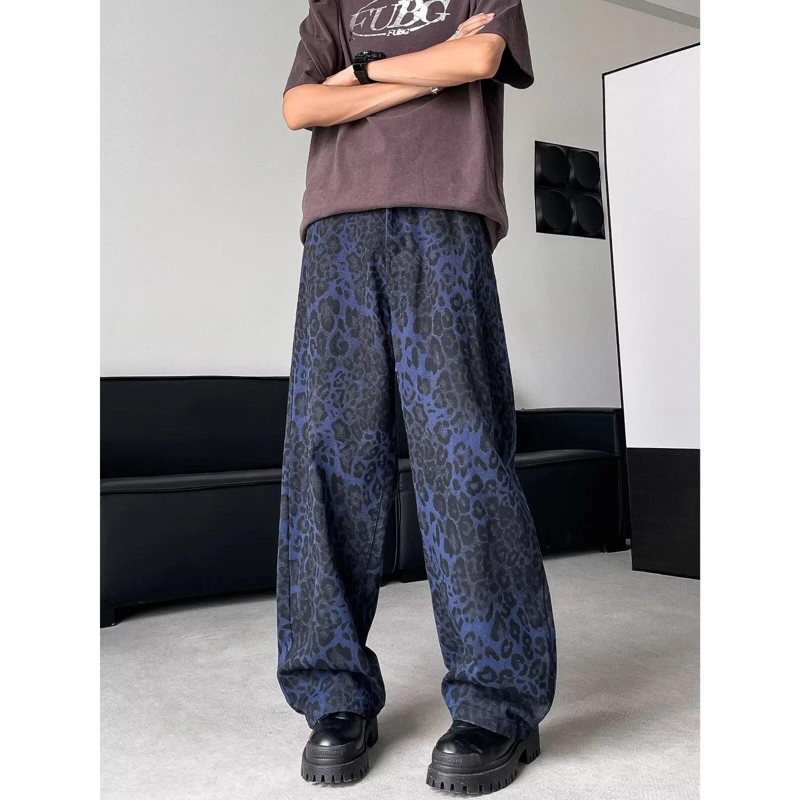 Blue cotton leopard print wide-leg pants with zip fly, full-length view