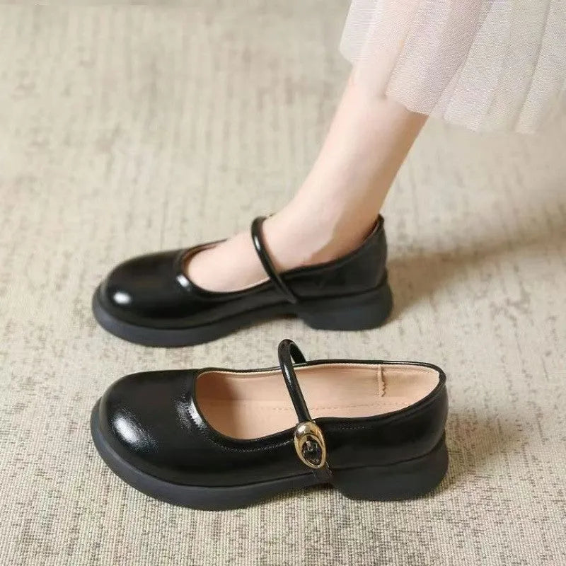 Flat fairy style leather wedge shoes with skull pattern, round toe and 4-6cm heel in three colour options