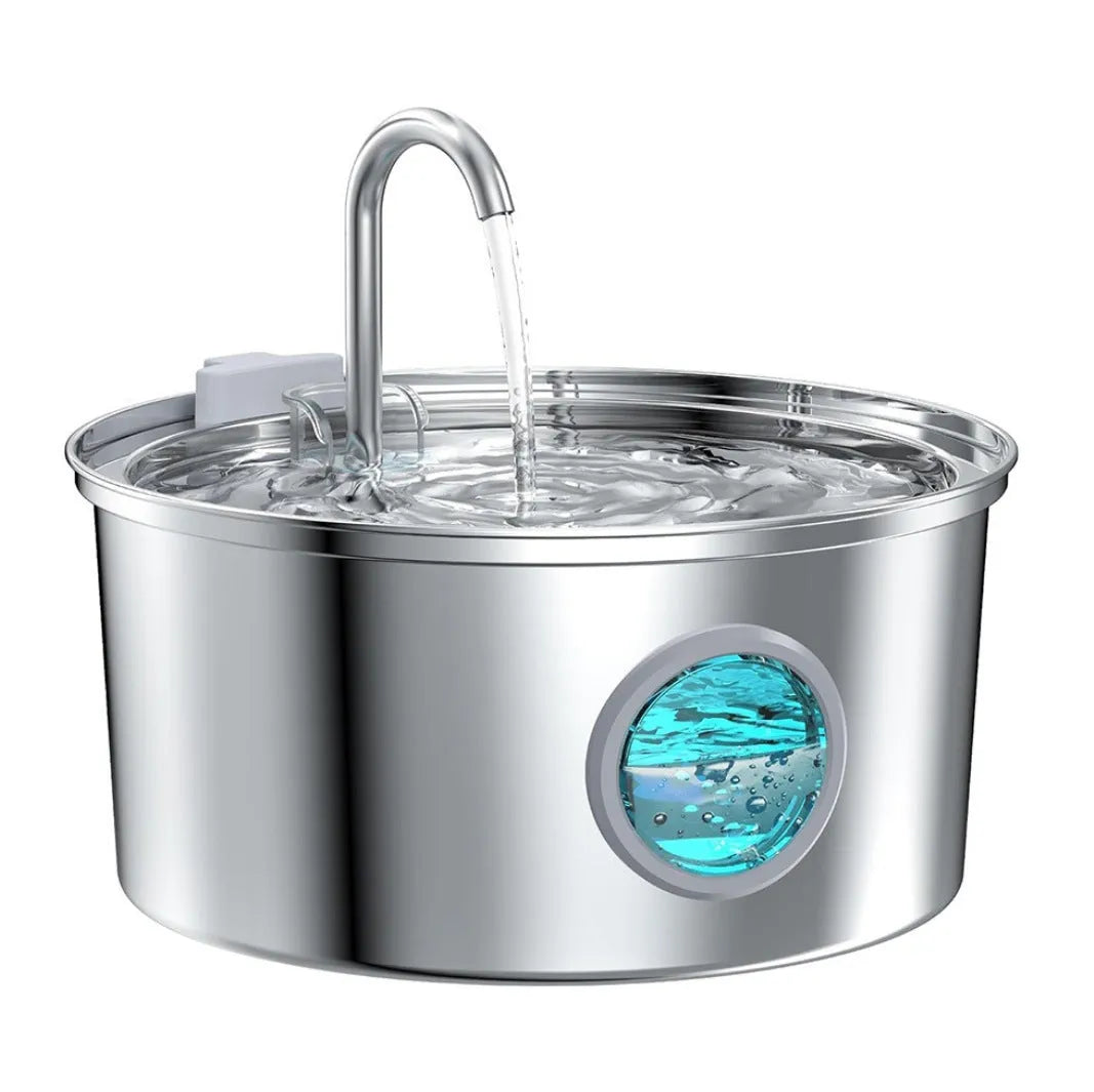 Stainless steel pet water dispenser with round basin and window faucet for dogs and cats.