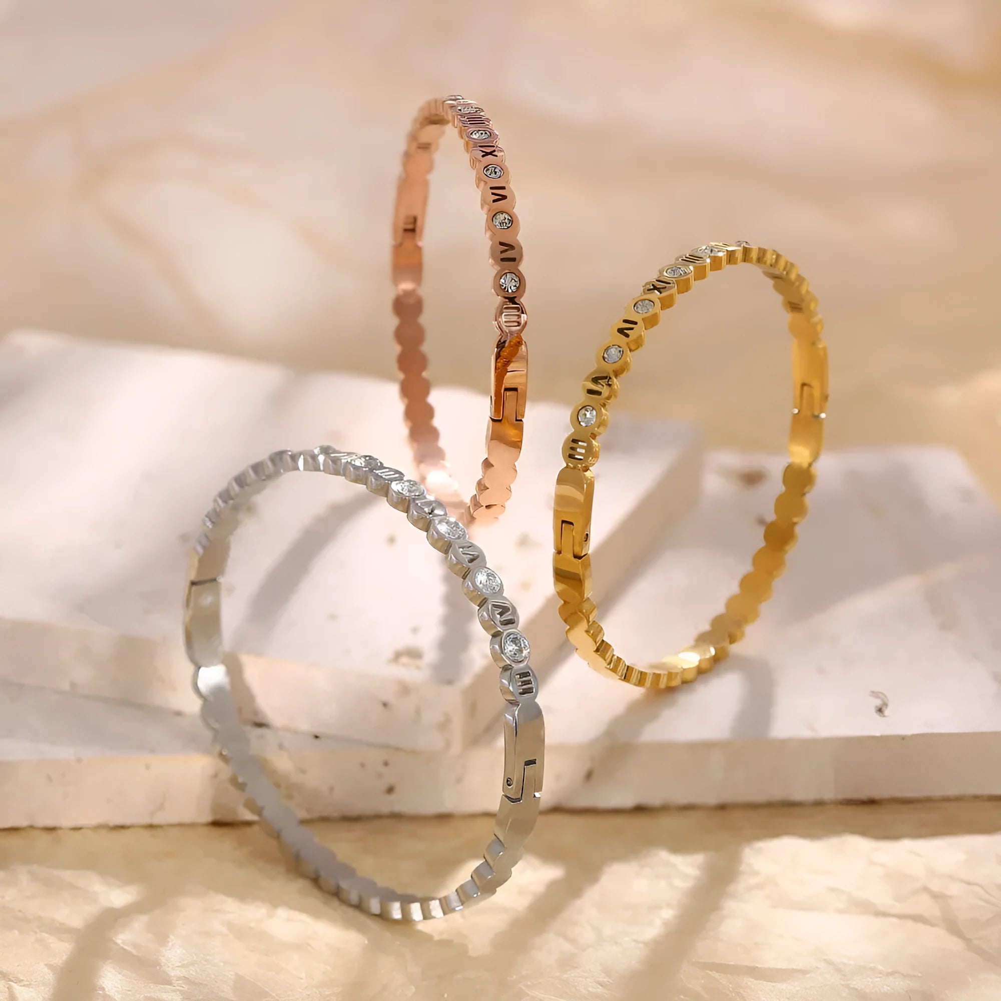 Korean style titanium steel bracelet with electroplated finish in gold, rose gold or steel colour with number charm detail