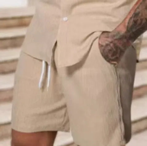 Striped printed men's casual suit set with short sleeve shirt and shorts in colour YT50313P1