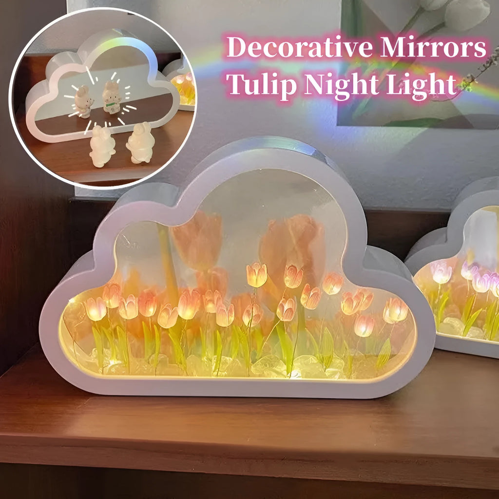 Pink DIY tulip night lamp with LED light and decorative mirror on a wooden desk.