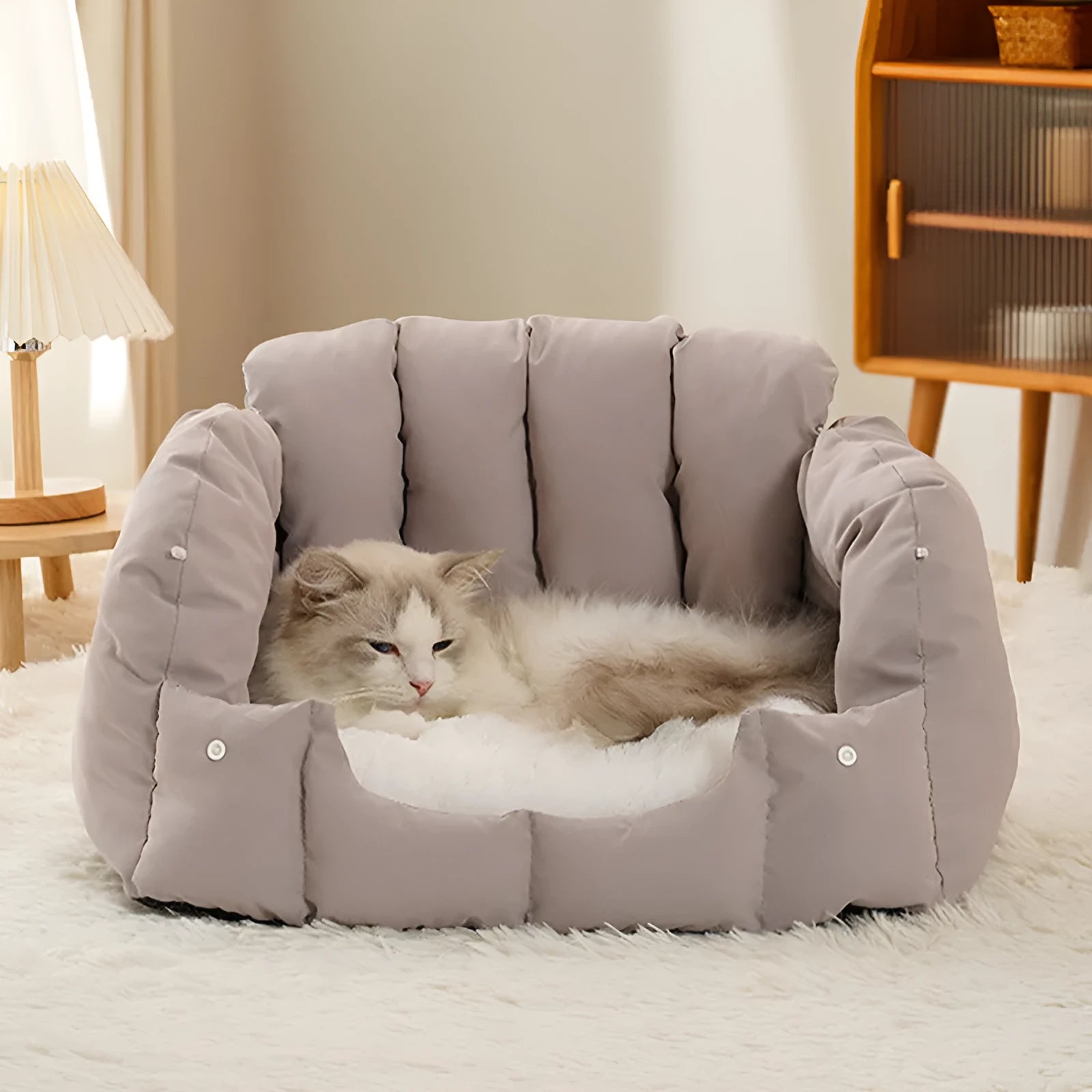 Grey and green dual-purpose arched pet nest showing both enclosed and sofa-style configurations for cats and dogs