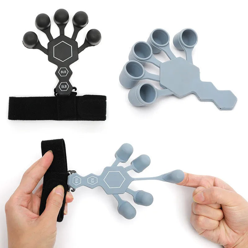 Grey and black silicone 5-finger rehabilitation hand trainer for adult grip strength exercises.