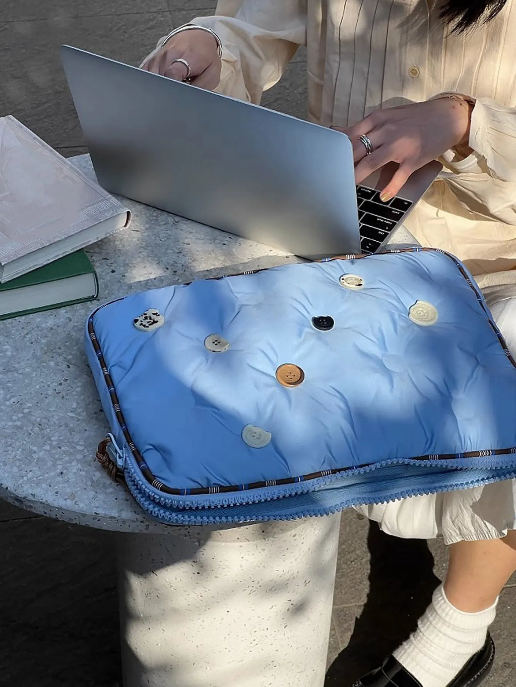 Blue and citrus plaid nylon laptop sleeve bag for 13.3 to 16 inch computers.